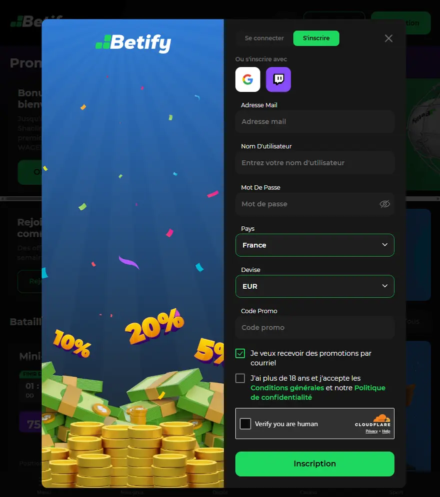 Formulaire d’inscription Betify