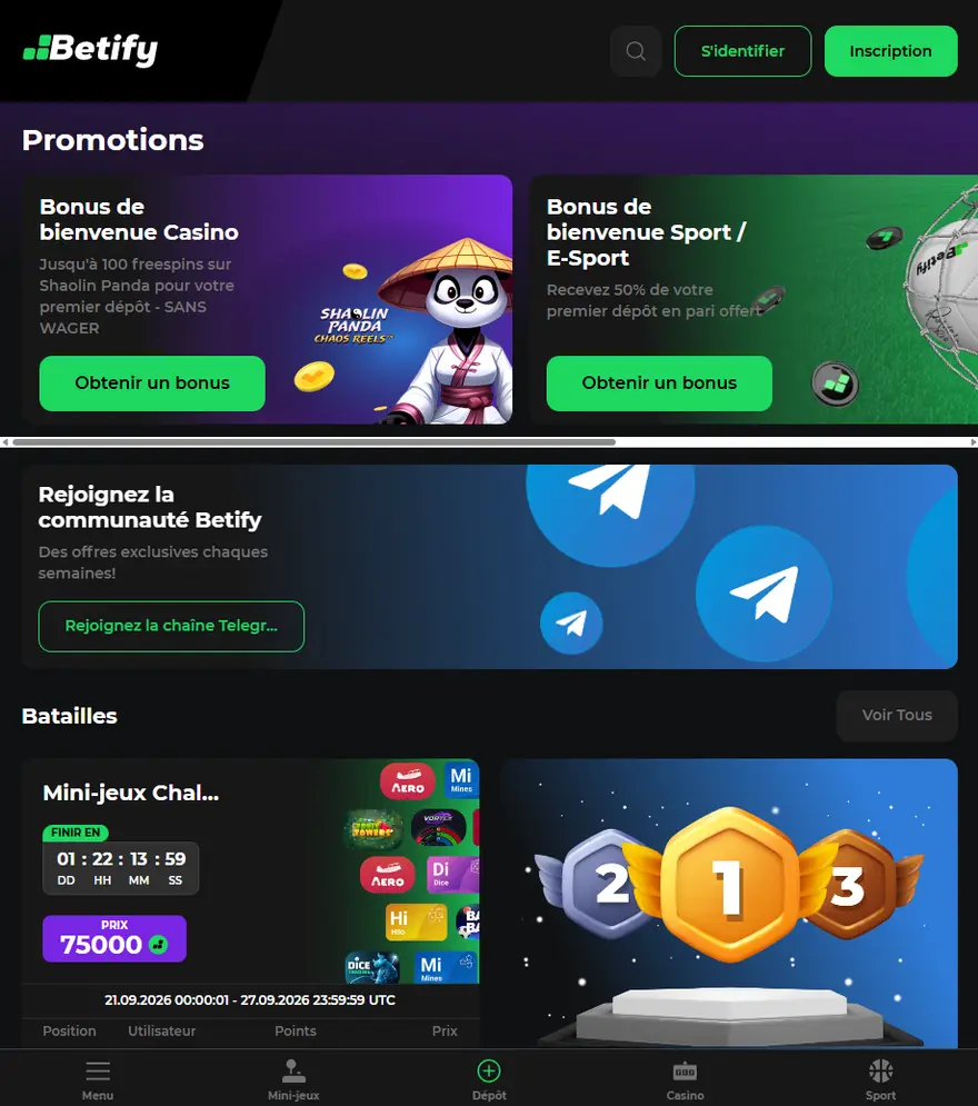 Page promotions du casino Betify