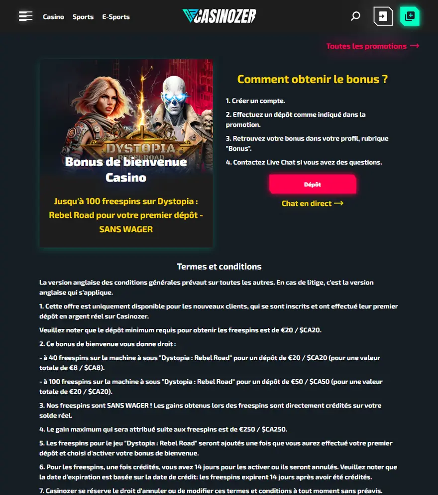 Conditions du bonus de bienvenue Casinozer