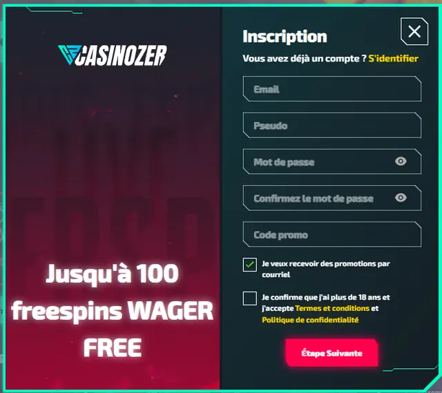 Formulaire d’inscription Casinozer