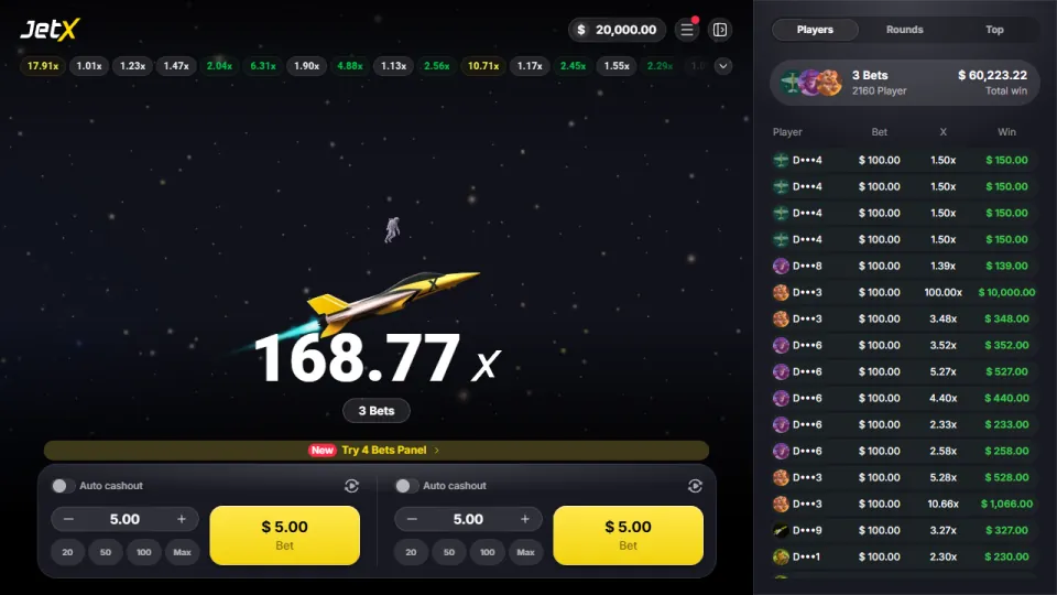 JetX, écran du jeu