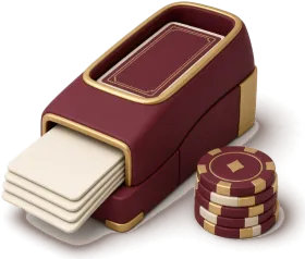 Sabot de distribution bordeaux avec des cartes et des jetons