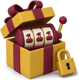 Boîte cadeau dorée ouverte avec des rouleaux de machine à sous et un cadenas, symbole du bonus sans dépôt