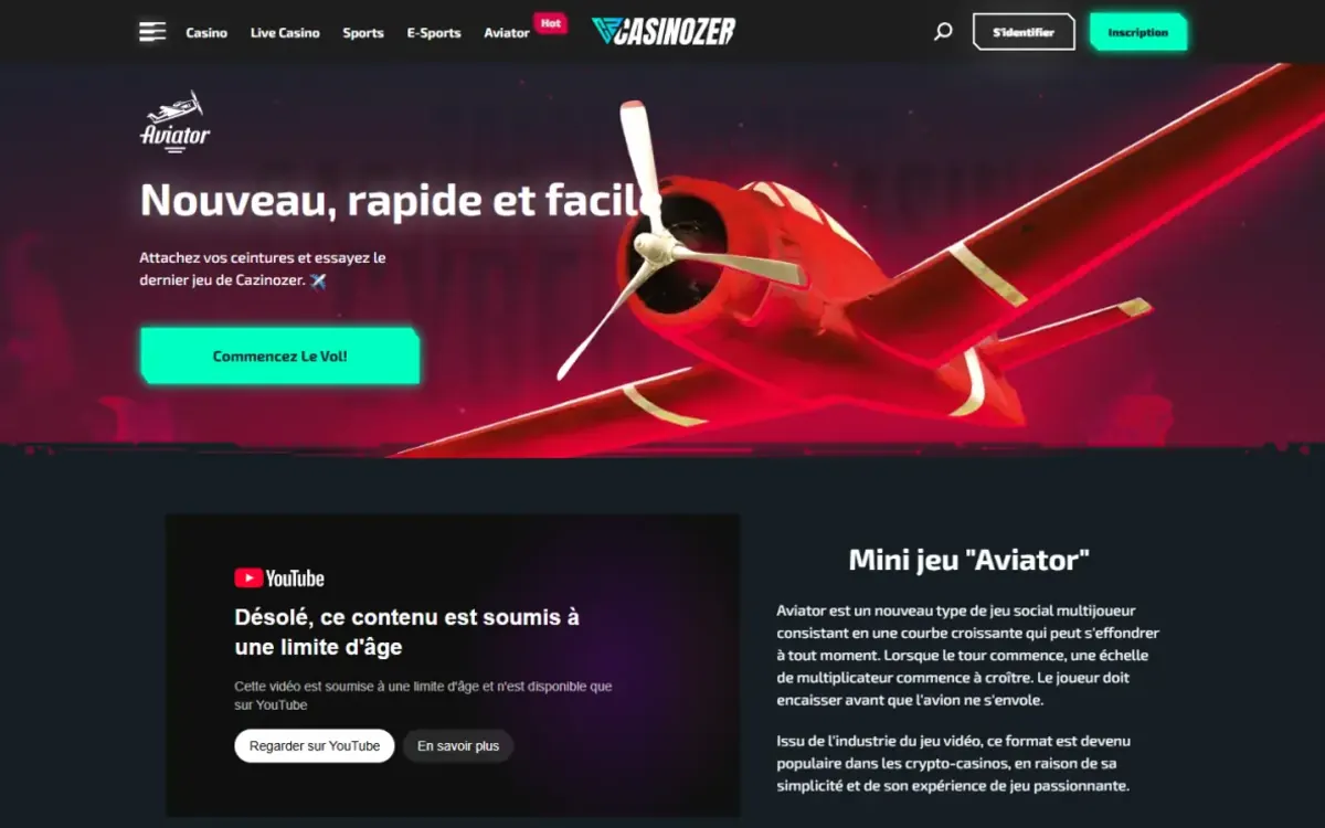 Page Aviator de Casinozer Casino avec la présentation du crash game de Spribe