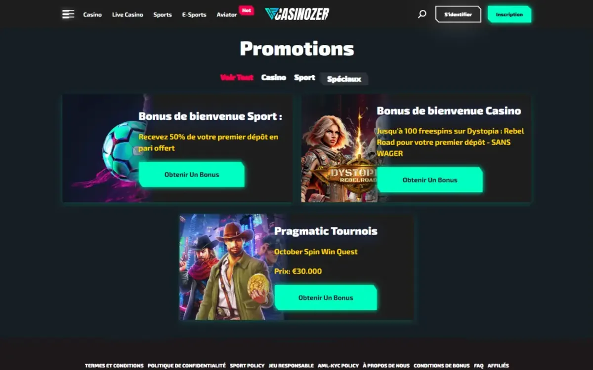 Page Promotions de Casinozer Casino avec le bonus de bienvenue sport, le bonus casino et les tournois Pragmatic