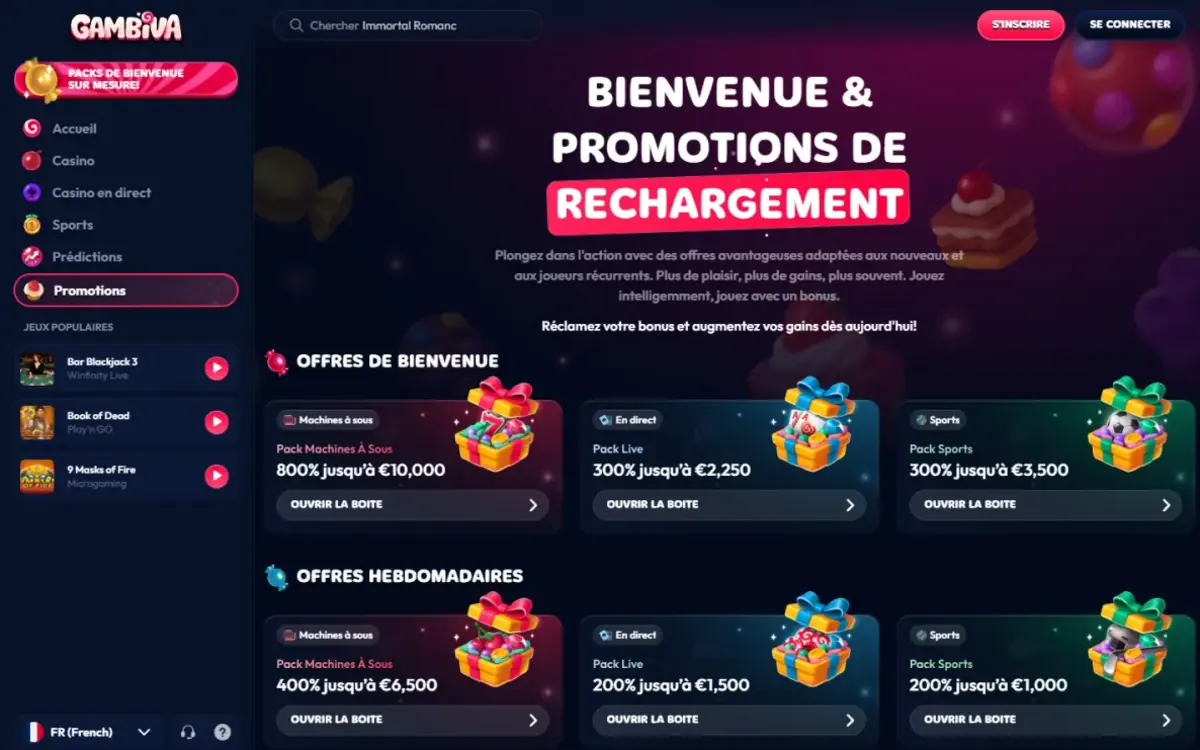 Page Bienvenue et promotions de rechargement de Gambiva Casino avec les packs machines à sous, live et sport