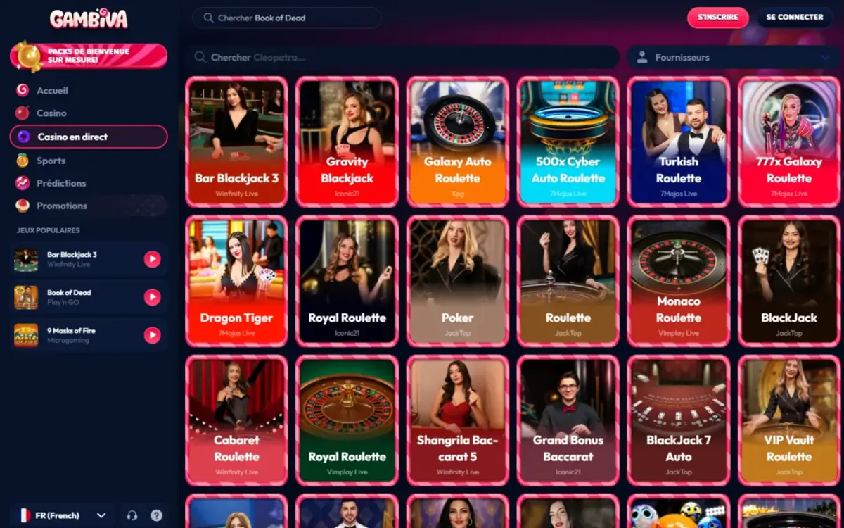 Rubrique casino en direct de Gambiva avec les tables de croupiers en direct