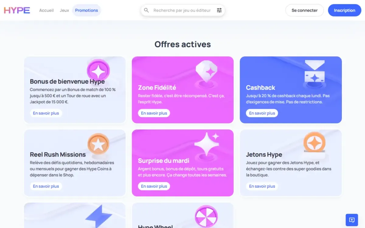 Page Offres actives de Hype Casino avec le bonus de bienvenue, la zone fidélité et le cashback du lundi
