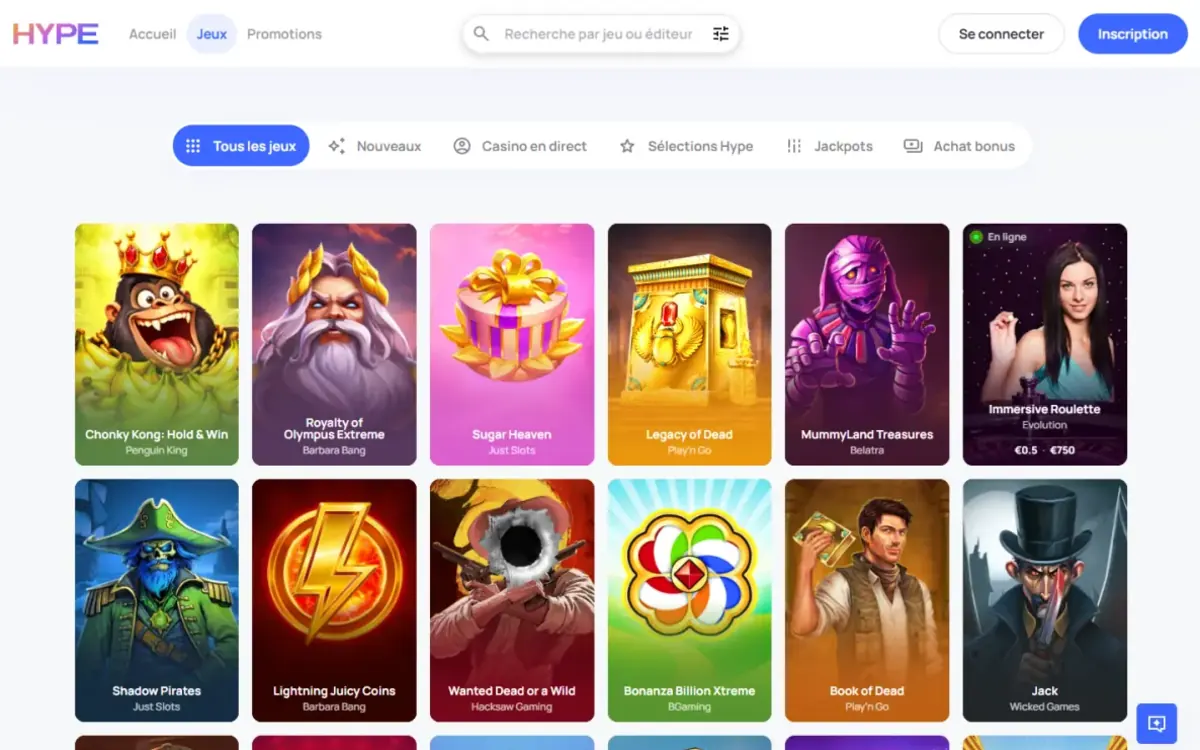 Page Jeux de Hype Casino avec les machines à sous et les filtres par catégorie