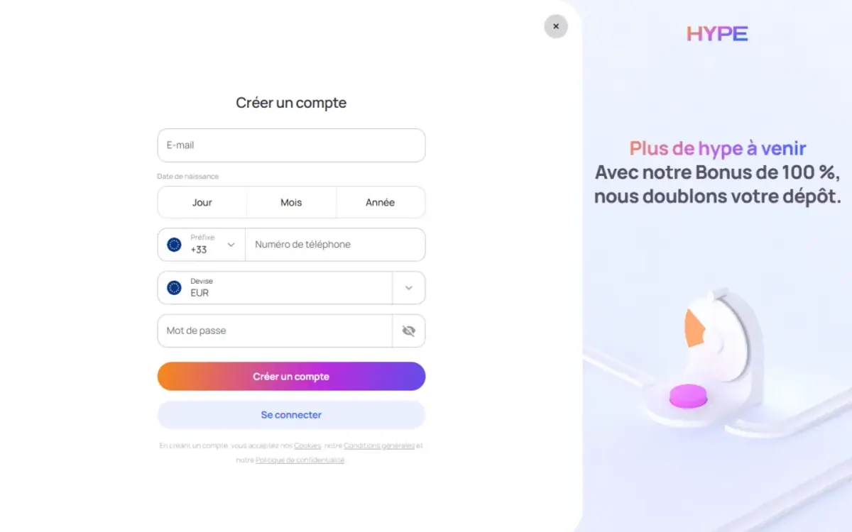 Formulaire Créer un compte de Hype Casino avec le rappel du bonus de 100 %