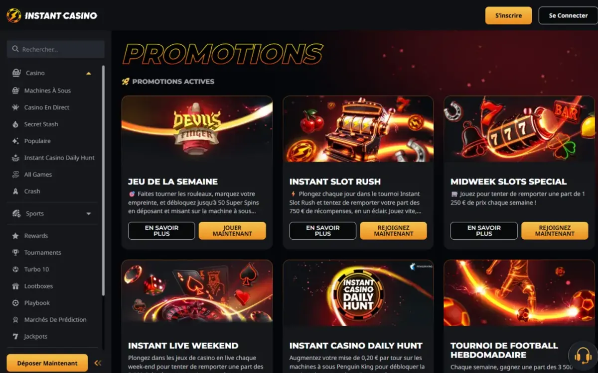 Page Promotions d’Instant Casino avec le jeu de la semaine, Instant Slot Rush et le Midweek Slots Special