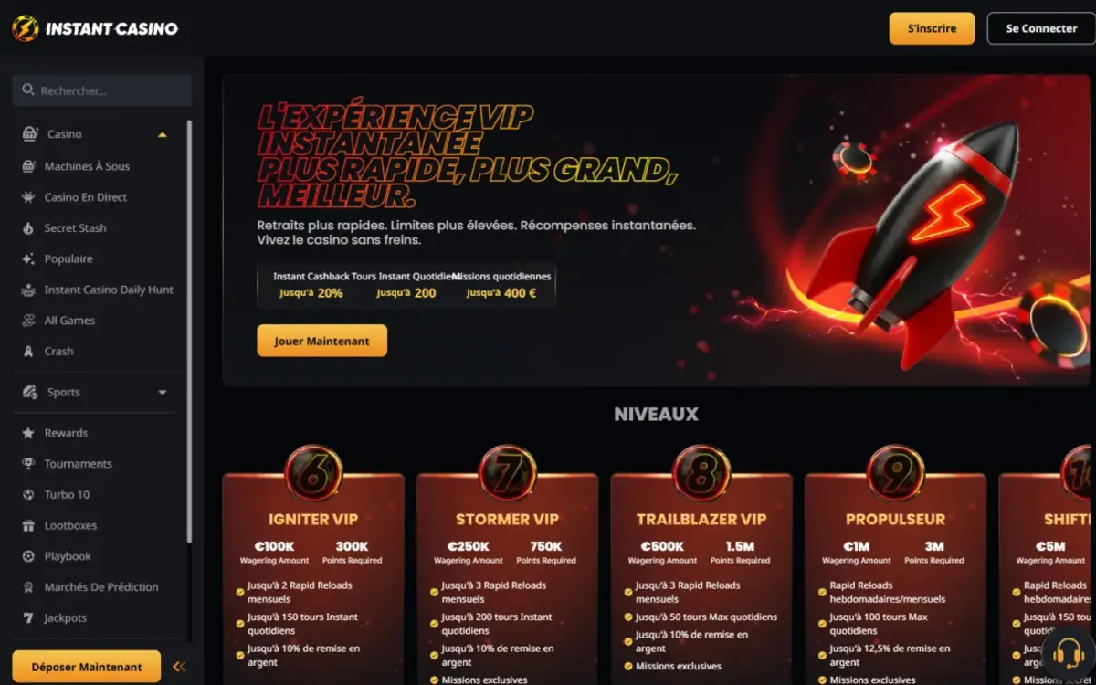 Page du programme VIP d’Instant Casino avec les niveaux de fidélité