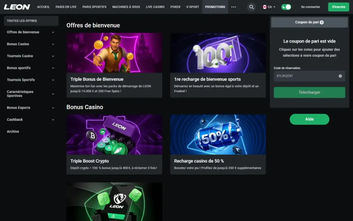 Page Promotions de Leon Casino avec le Triple Bonus de Bienvenue jusqu’à 15 000 € et 200 free spins