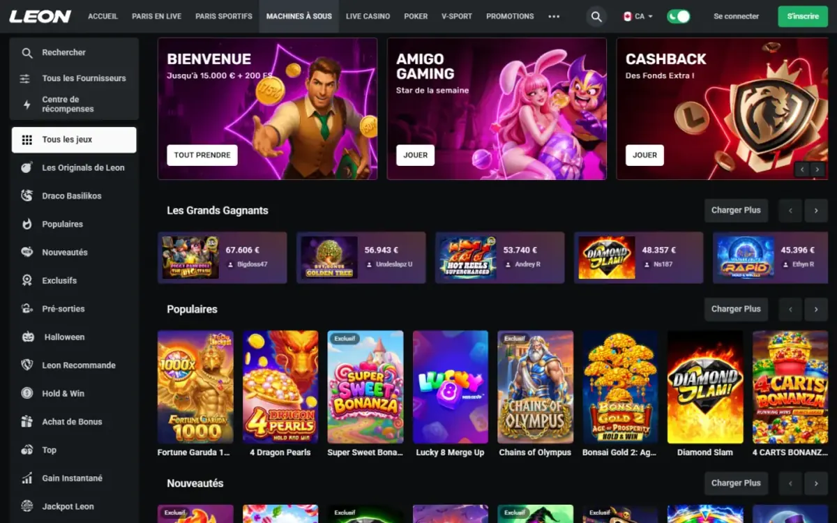 Lobby des machines à sous de Leon Casino avec les jeux populaires et les fournisseurs