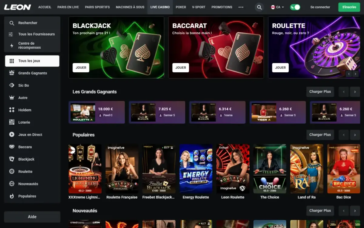 Live casino de Leon Casino avec les tables de roulette, blackjack et baccarat