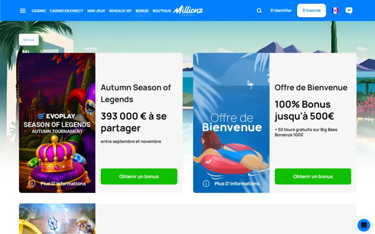 Page Bonus de Millionz Casino avec l’offre de bienvenue de 100 % jusqu’à 500 € et Autumn Season of Legends