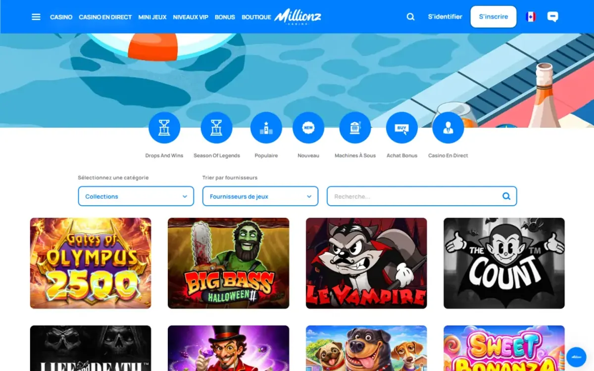 Lobby de Millionz Casino avec les jeux populaires et le tri par fournisseur