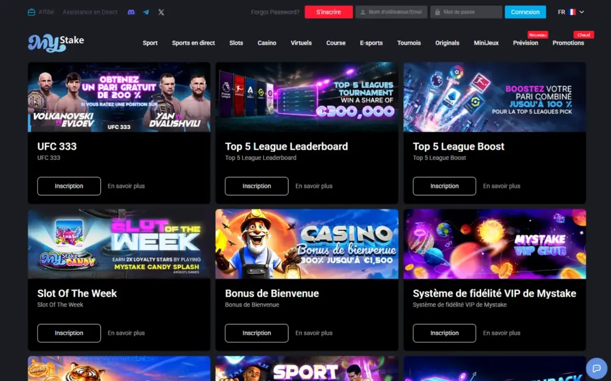 Page Promotions de MyStake Casino avec le bonus de bienvenue, Slot of the Week et le système de fidélité VIP
