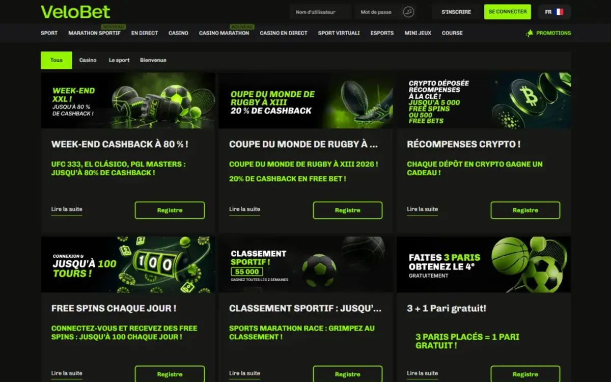 Page Promotions de Velobet Casino avec le cashback du week-end, les récompenses crypto et les free spins quotidiens