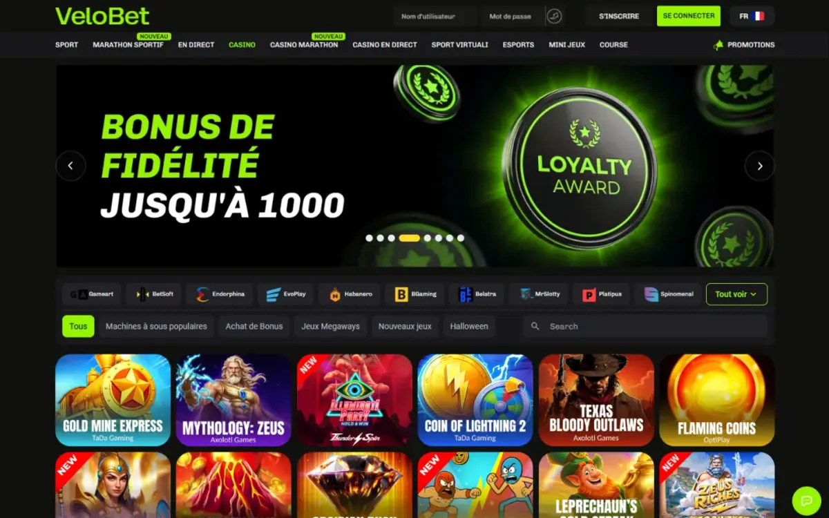 Rubrique casino de Velobet avec le bonus de fidélité et les machines à sous