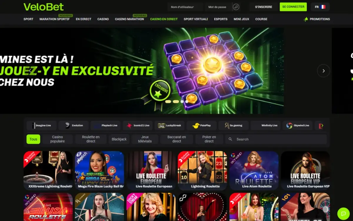Rubrique casino en direct de Velobet avec les tables de croupiers en direct