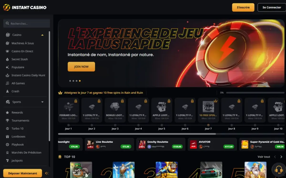 Instant Casino: page d’accueil du casino